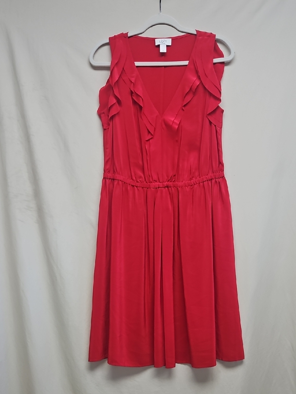 LOFT 100% Silk Dress 6 Red Ruffle Sleeveless Fit Flare Cocktail Wedding Guest